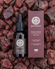 30ml bottle and box of Dragon's Blood, 100% pure Croton lechleri resin, on dried resin