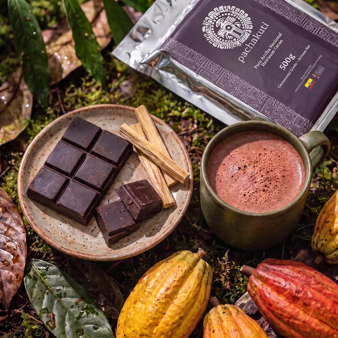 Ceremonial Cacao Bar segments with Palo Santo and a cup of cacao drink