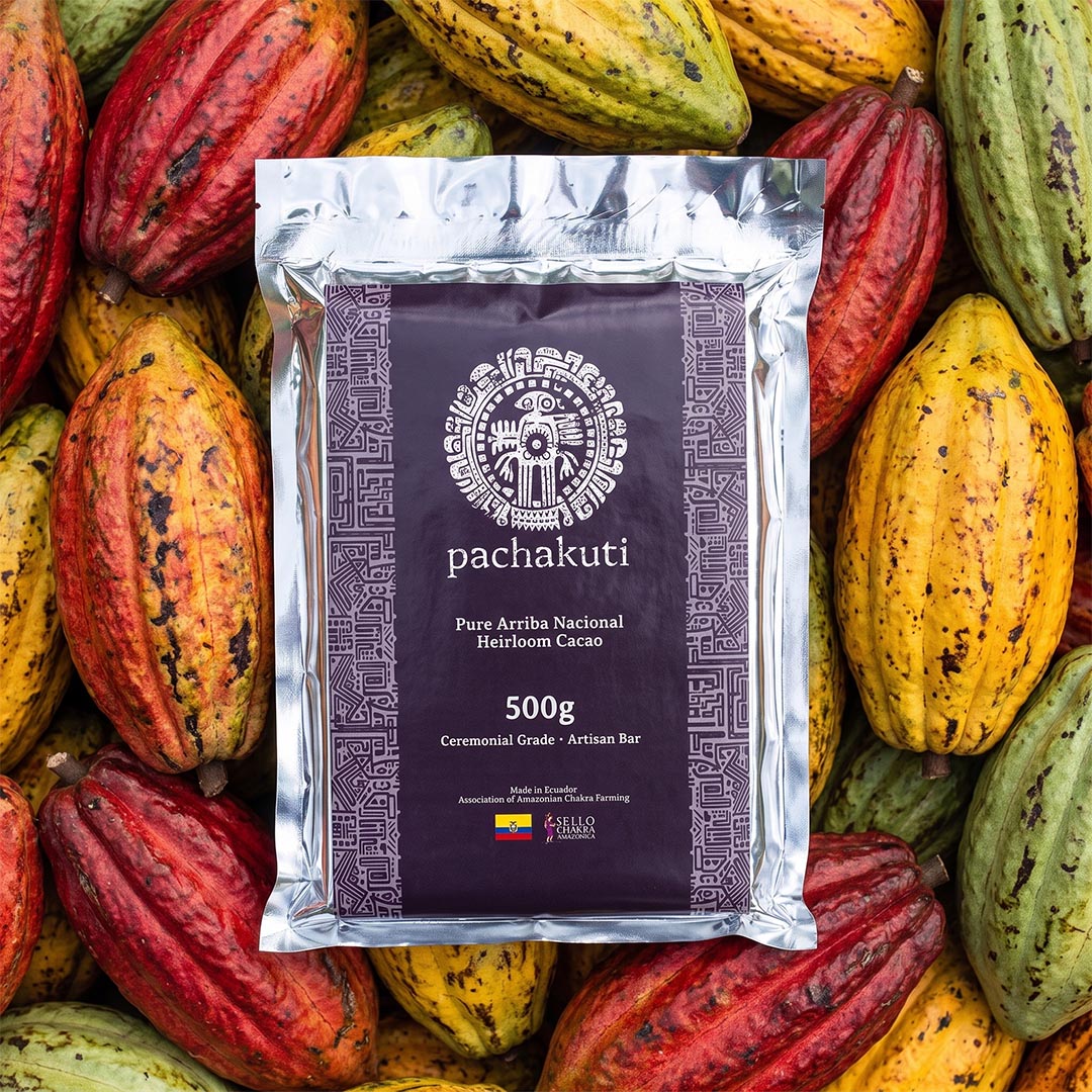 500g Ceremonial Cacao Bar, 100% pure Arriba Nacional, on fresh cacao pods