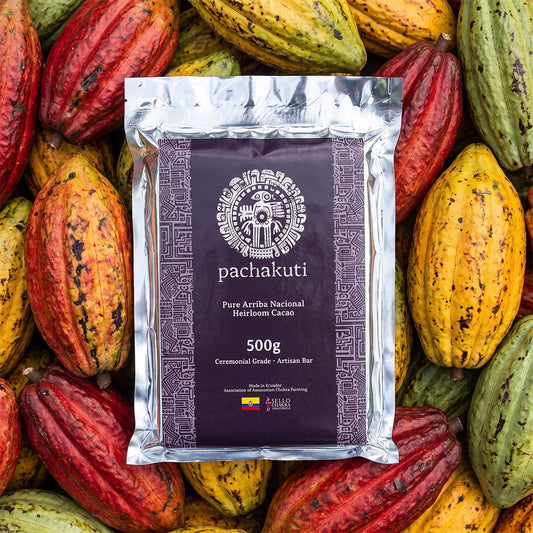 500g Ceremonial Cacao Bar, 100% pure Arriba Nacional, on fresh cacao pods