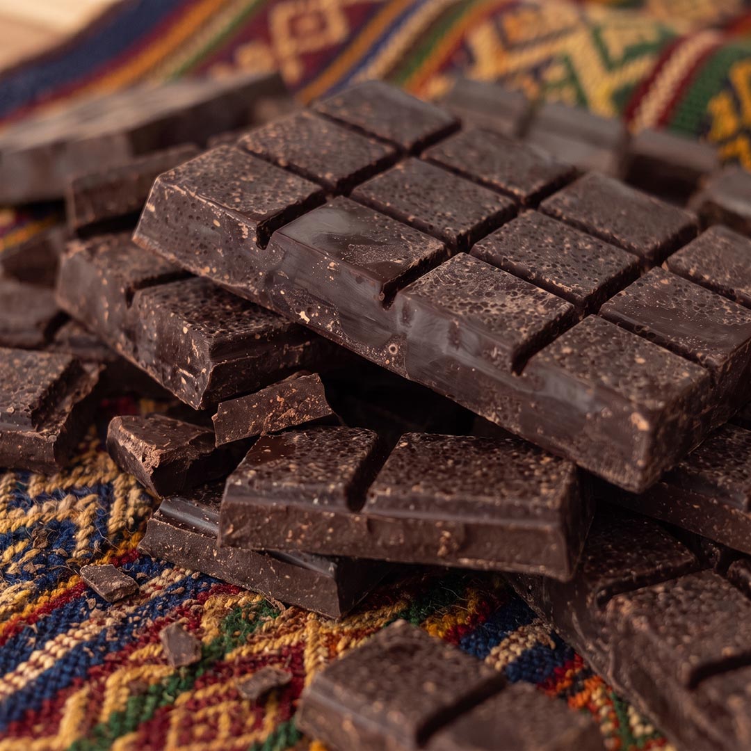 Close-up of the Ceremonial Cacao Bar broken into pre-scored segments