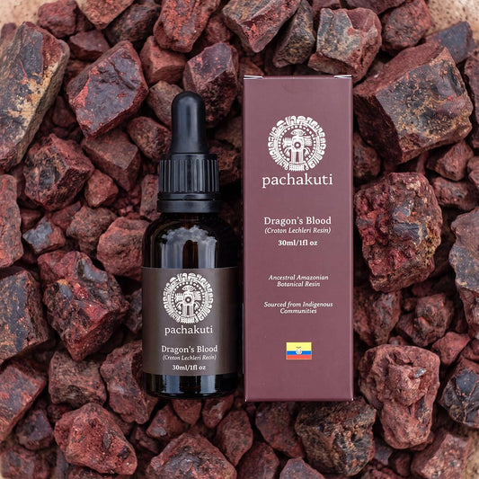 30ml bottle and box of Dragon's Blood, 100% pure Croton lechleri resin, on dried resin