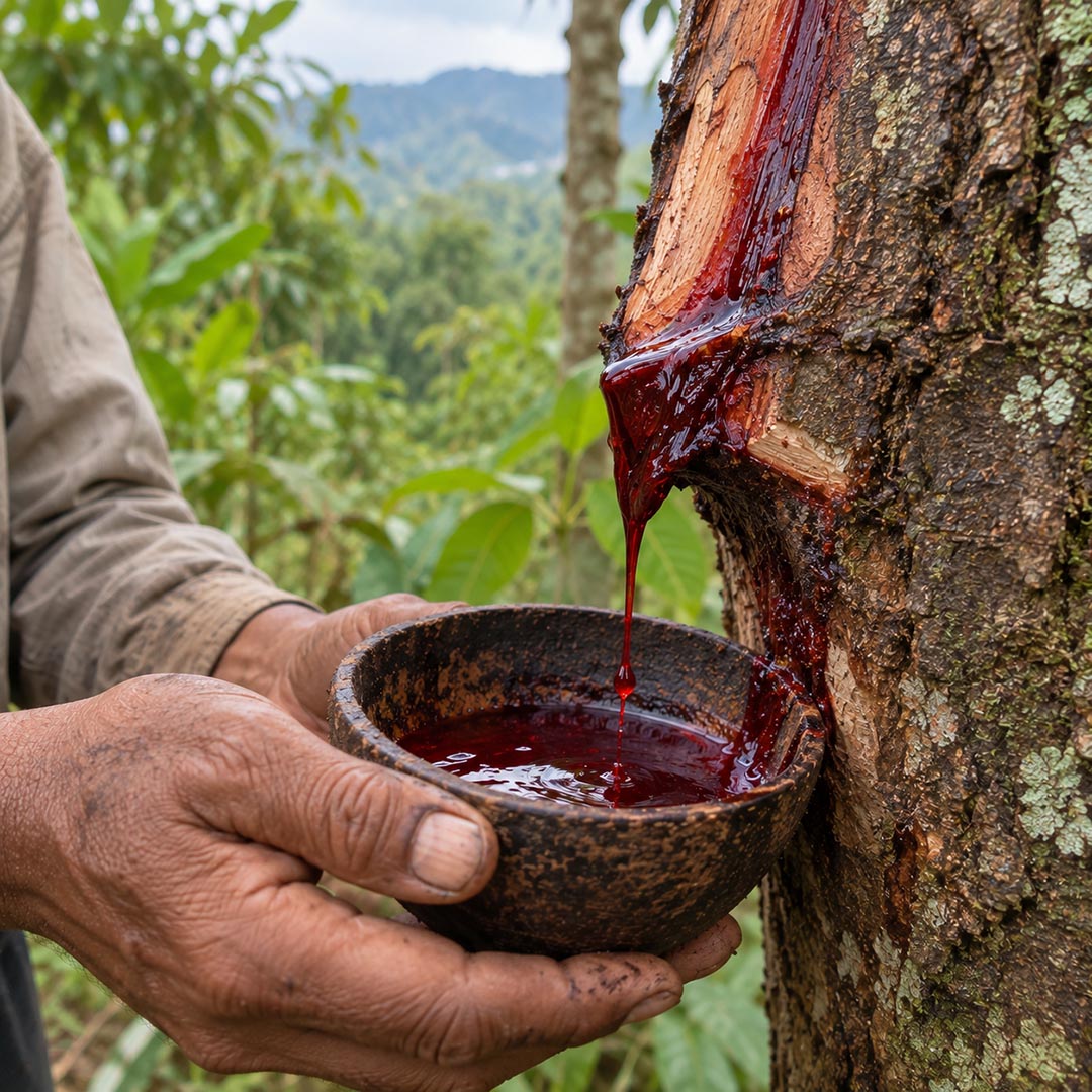 Dragon's Blood resin being collected from a Croton lechleri tree into a wooden bowl