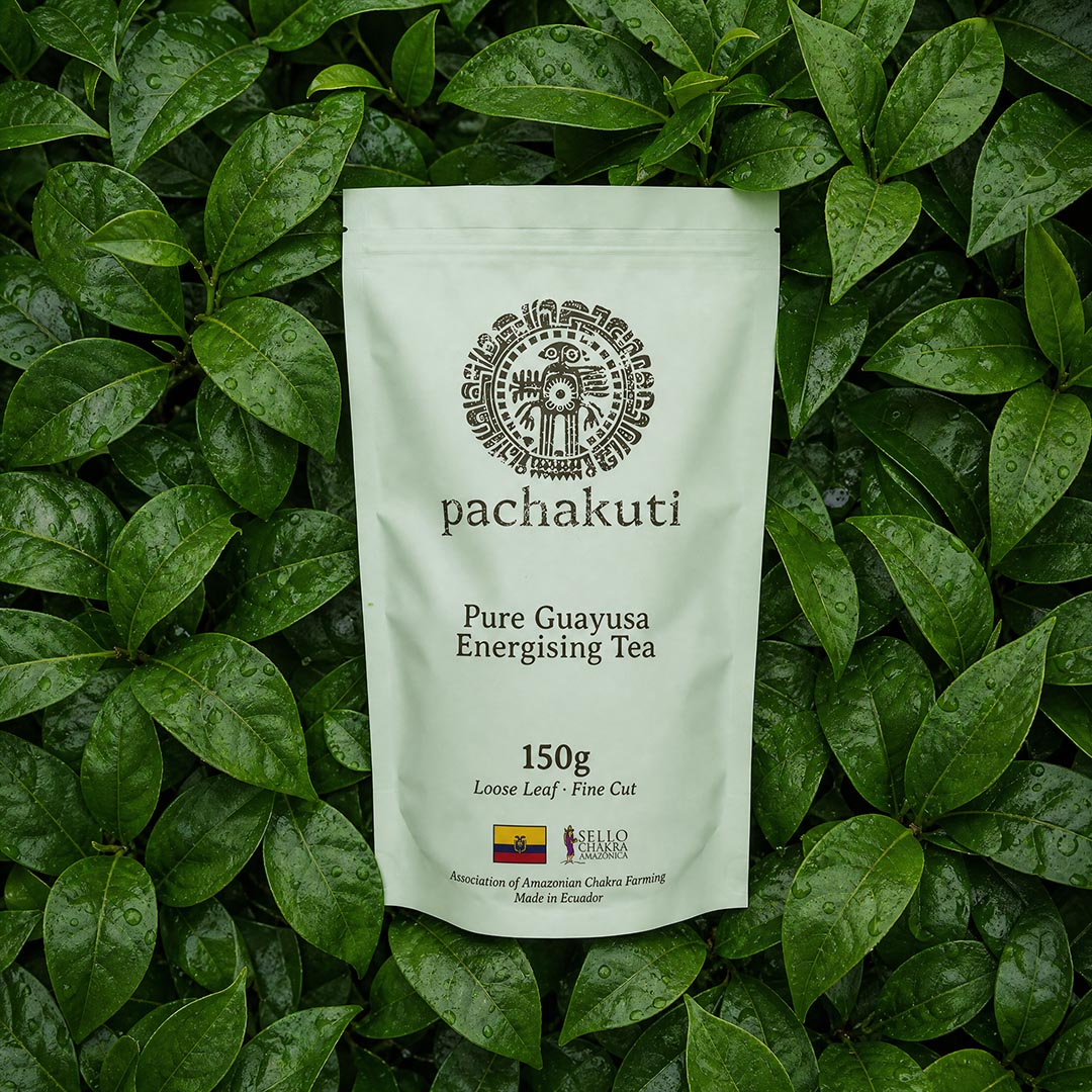 150g bag of Pachakuti Guayusa loose leaf tea on fresh guayusa leaves