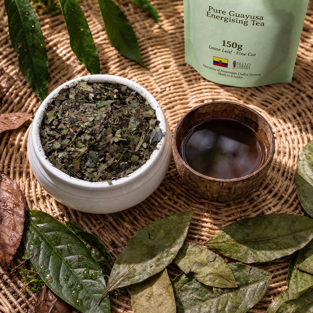 Bowl of loose guayusa leaves and a cup of brewed Guayusa tea