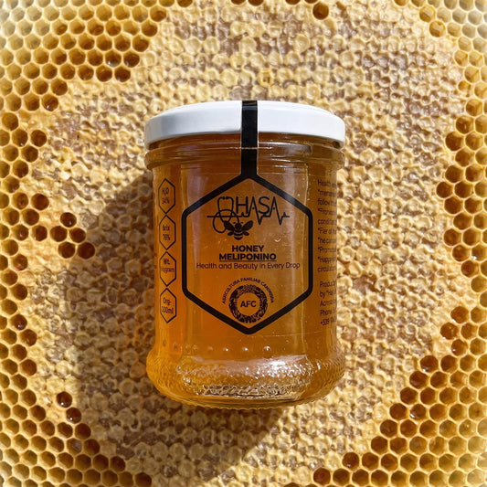 Jar of HASA stingless bee honey on honeycomb