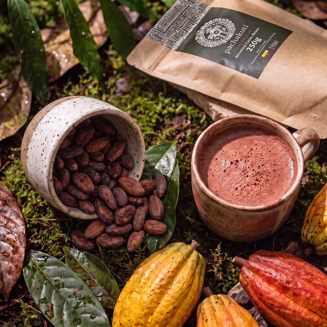 Cup of unroasted cacao beans and a cup of cacao drink among cacao pods