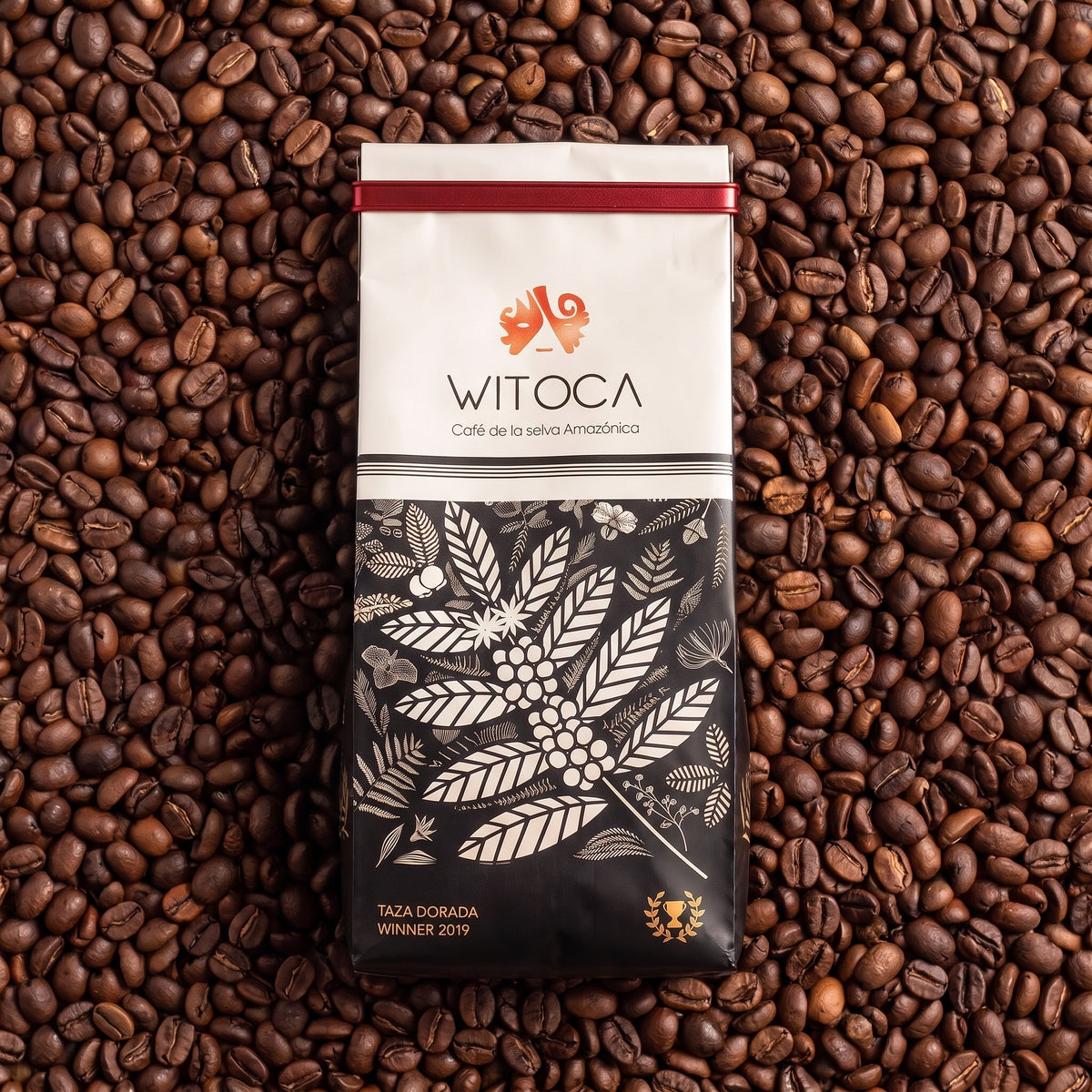 Bag of Witoca Shaman coffee on roasted coffee beans
