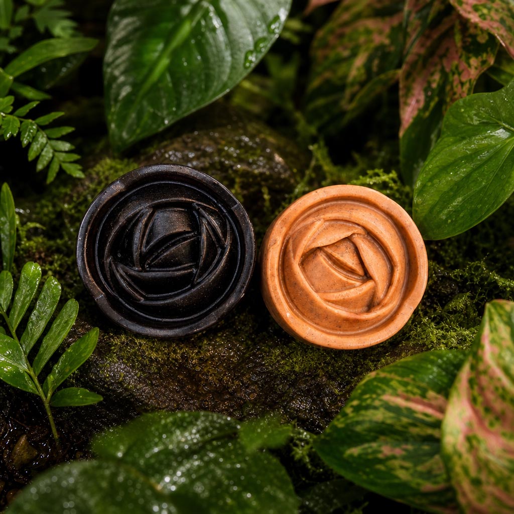 Witoca coffee and cacao soaps on moss among tropical leaves