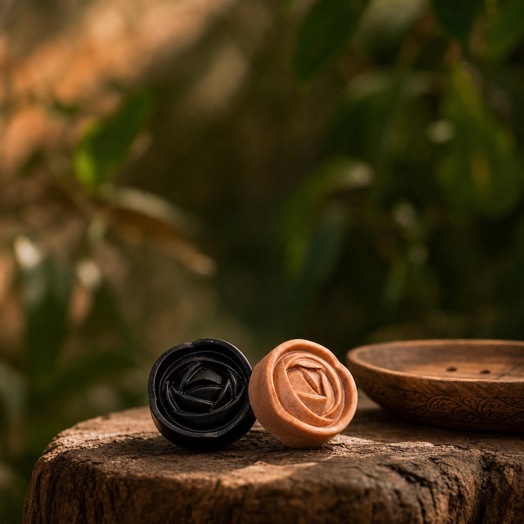 Witoca coffee and cacao soaps with a wooden soap dish on a tree stump