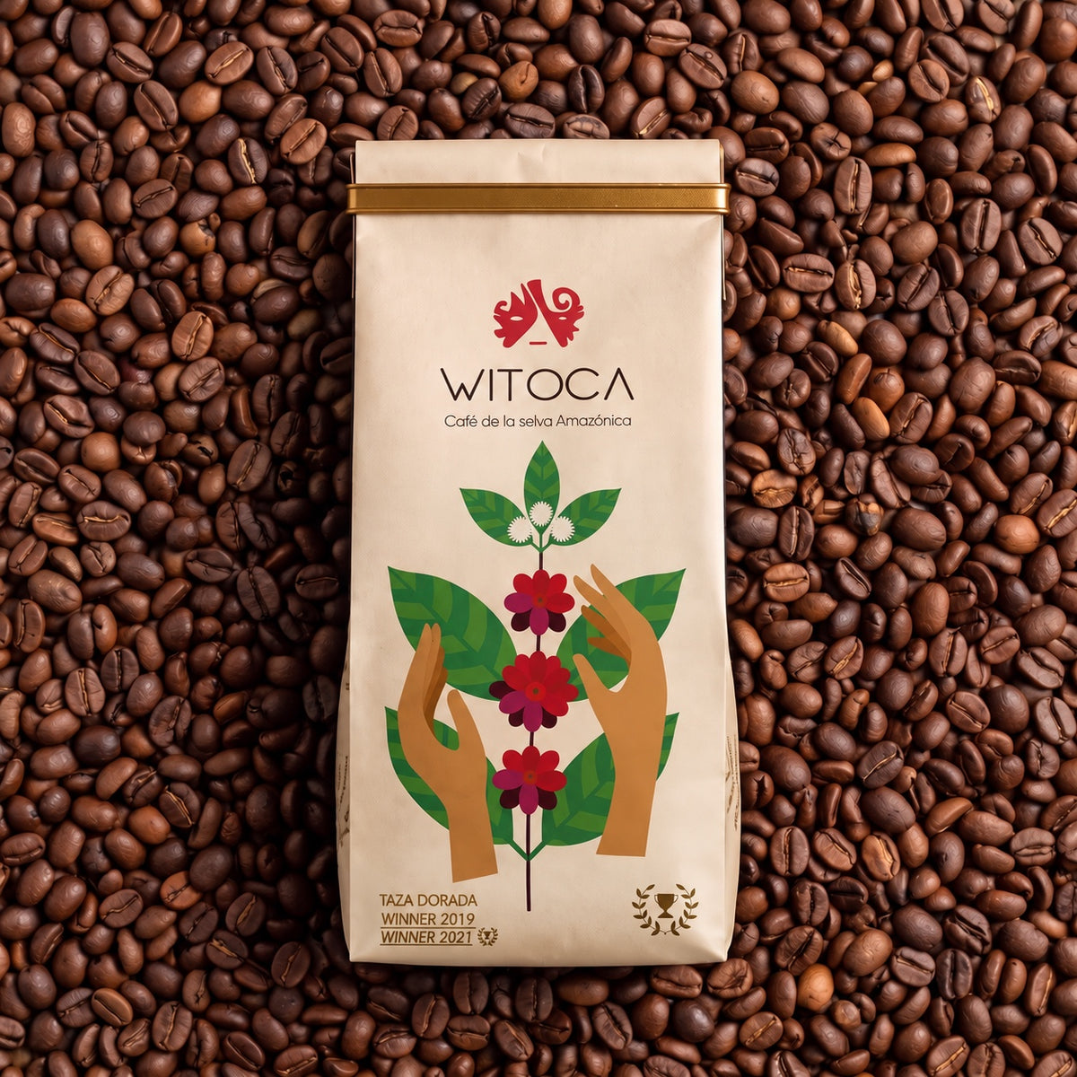 Bag of Witoca Sumak coffee on roasted coffee beans