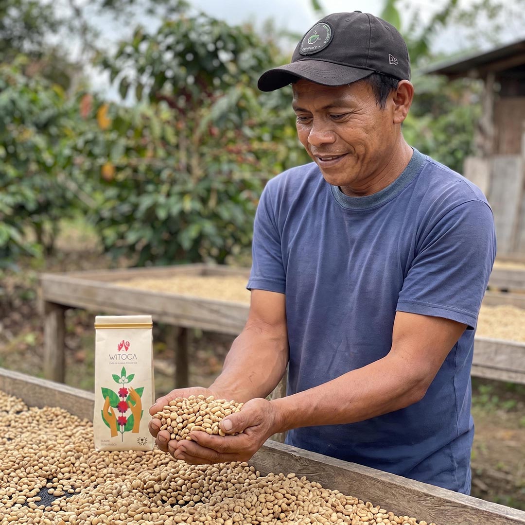 Witoca coffee farmer holding green coffee beans beside a bag of Witoca Sumak